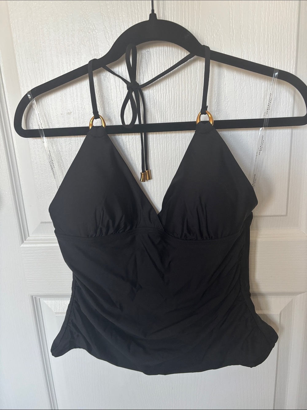 Donna Karan Black Halter Tankini Top with Gold Accents